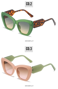 Detailed 45-degree view of cat eye sunglasses in green and nude pink color variants