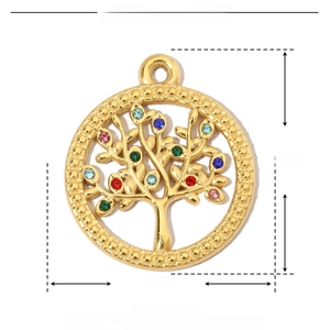 Detailed parameter display for a gold stainless steel tree of life pendant with colorful rhinestones