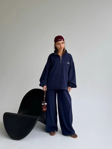 Completo Donna Sweatshirt in Pile e Pantaloni Retro Americano Vintage Mezza Cerniera Ricamato Caldo Sportivo Loungewear