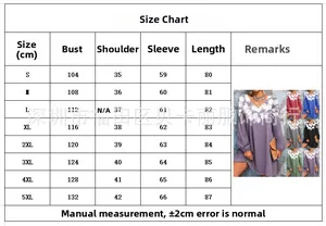 Detailed size chart for floral long sleeve V-neck dress showing chest and length in cm