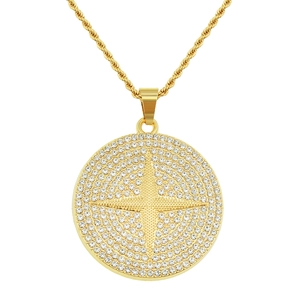 Hip Hop Iced Out Round Pendant Necklace Zinc Alloy Cross Star Rhinestone Iron Rope Chain Streetwear Jewelry For Men