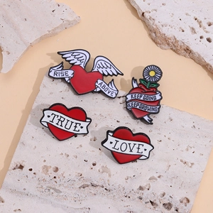 Set of four red enamel heart pins with wings and daisy, retro tattoo style metal brooches