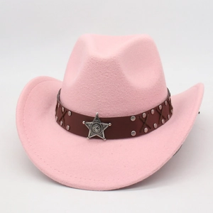 Close-up of pink wool cowboy hat with star badge and studded leather hatband details