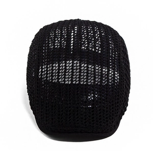 Breathable black mesh knit beret hat for summer sun protection in a minimalist style