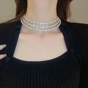 Elegant multi-layer rhinestone choker necklace with sparkling crystals for women