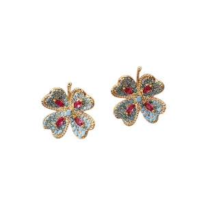 Boucles d'oreilles vintage en or trèfle à quatre feuilles avec cristaux bleus et rouges
