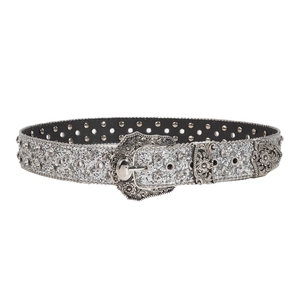 Silver western glitter belt with ornate metal buckle and decorative studs for women