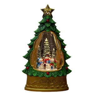 Christmas tree snow globe music box with snowman family and glowing LED lights decoration