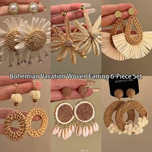 Bohemian Raffia Woven Earrings With 925 Sterling Silver Earring Post Handmade Rattan Floral Tassel Beach Vacation For Women