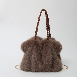 Faux Fur Tote Bag Plush Shoulder Handbag With Braided Handle And Metal Chain Strap Large Capacity Winter Fashion Women