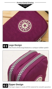 Detail of the purple sport phone bag showing the rubber logo and gray PVC zipper teeth