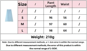 Size chart showing S to L measurements for high waist loose skirt and pleated design details