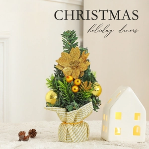 Mini Artificial Christmas Tree Desktop Ornament With Glitter Flowers And Balls For Holiday Home Tabletop Decor