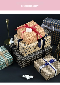 Various retro kraft wrapping papers with ribbons, tags and elegant gift box displays