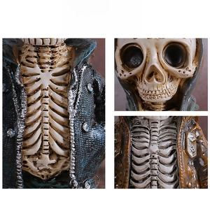 Detailed macro view of resin skeleton figurine featuring textured ribs and hooded jacket