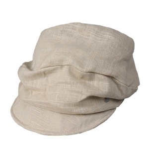 Japanese style beige linen newsboy cap with textured weave and metal logo detail