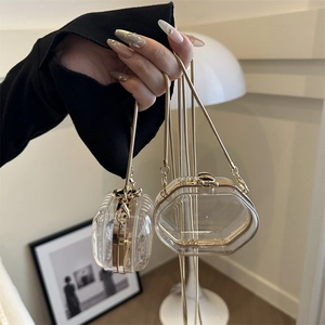 Minimalist clear acrylic jelly box bag with gold metal frame and snake chain strap