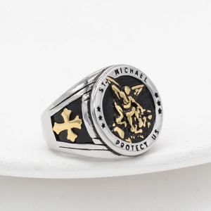 Vintage St. Michael shield ring with gold angel wings and cross in stainless steel