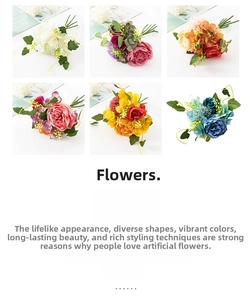 Detail view of multi-color artificial peony and rose bouquets for wedding decor