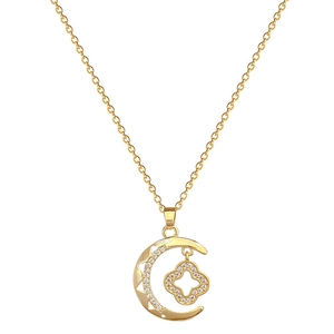 Elegant gold titanium moon and lucky clover necklace with sparkling zirconia stones
