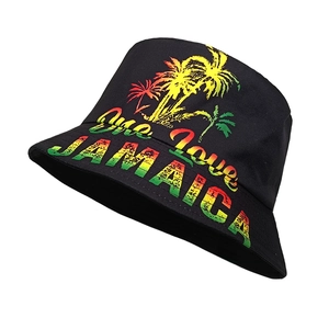 Black cotton bucket hat featuring One Love Jamaica palm tree print in reggae colors