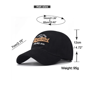 Detailed size chart for black baseball cap showing brim length and head circumference
