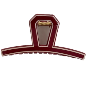 Elegant deep red and cream acetate shark hair claw clip with golden metal spring