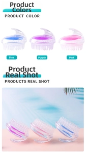 Detail of colorful silicone scalp massagers showing three colors and ergonomic handles