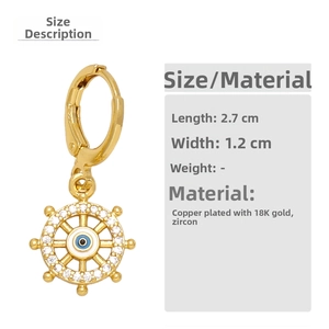 Detail view of 18K gold plated evil eye drop earrings showing 2.7cm length measurement