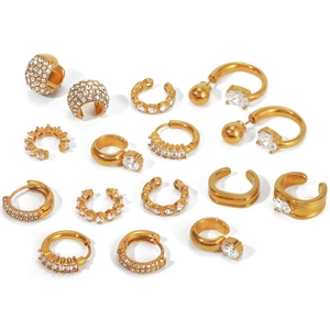 Gold stainless steel ear cuffs and zircon hoop earrings set on a white background