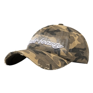 Distressed camo baseball cap with 3D embroidery and vintage worn edges on cotton canvas