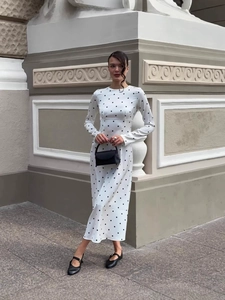 Polka Dot Maxi Dress Cotton Blend Knitted Long Sleeve French Elegant Slim Fit Retro Women