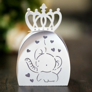 White laser-cut elephant candy box with crown top for kids birthday party and celebration