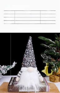 Size chart for glowing Rudolph faceless doll with grey sequin hat and dimensions