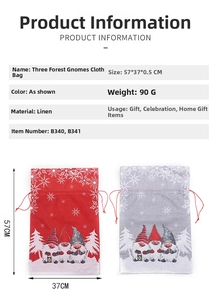 Detail of Christmas gnome drawstring burlap gift bags in red and grey colors