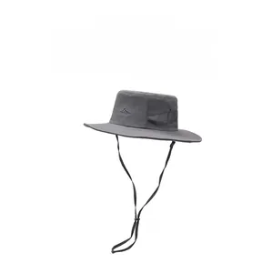 Detail of gray outdoor sun hat featuring breathable mesh panels and adjustable chin strap