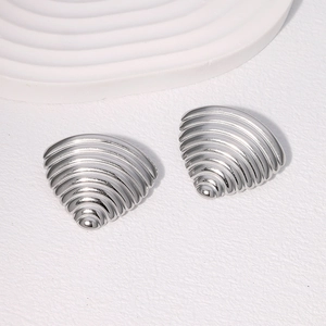 Modern geometric silver stainless steel earrings with fan shape and ribbed texture