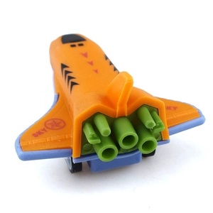 Detail view of the orange space shuttle toy with wings featuring the SKY star logo