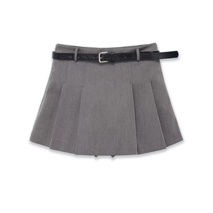 Damen Grauer Plissierter Minirock Hohe Taille A-Linie Polyester Streetwear Mit Schwarzem Gürtel Metallschnalle
