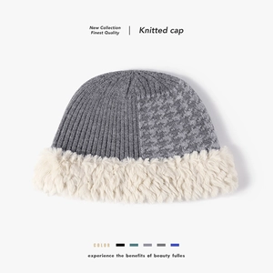 Women Winter Knitted Bucket Hat With Faux Rabbit Fur Trim Houndstooth Pattern Thick Warm Outdoor Fashionable Beanie
