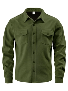 Close-up detail of olive green corduroy shirt collar and size M brand label