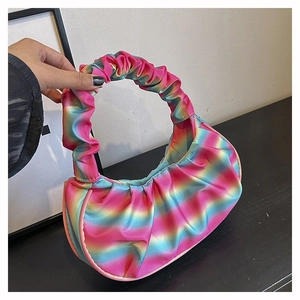 Detail showing the pleated handle and vibrant rainbow gradient satin of the crescent bag