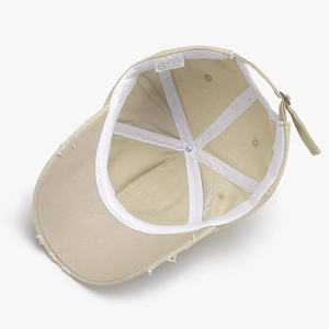 Distressed khaki cotton baseball cap with adjustable buckle and interior stitching