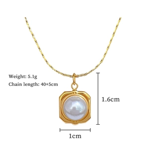 Detail view of square gold necklace with pearl and dimensions: 1.6cm x 1cm