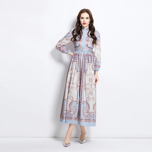 Elegant long sleeve dress with palace floral pattern, stand collar and waist belt