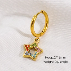 Detail of gold star hoop earring with rainbow crystals measuring 2x16mm and 2g weight