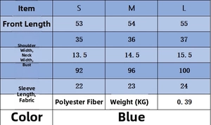 Detailed size guide table for women hooded denim jacket and matching shorts in blue