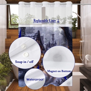 Detail showing waterproof fabric texture and detachable snap-in liner of the shower curtain