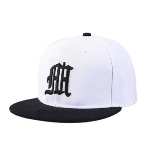 Classic black and white flat brim hip hop hat with large gothic embroidered letter M