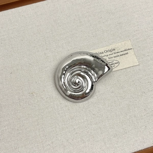 Close-up of a nautilus shell brooch with polished silver finish and spiral detail